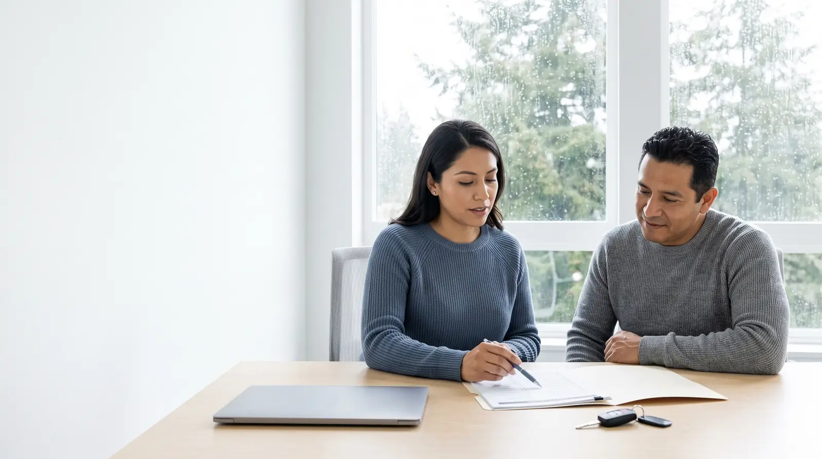 A consultant and a client review documents at a desk by a window