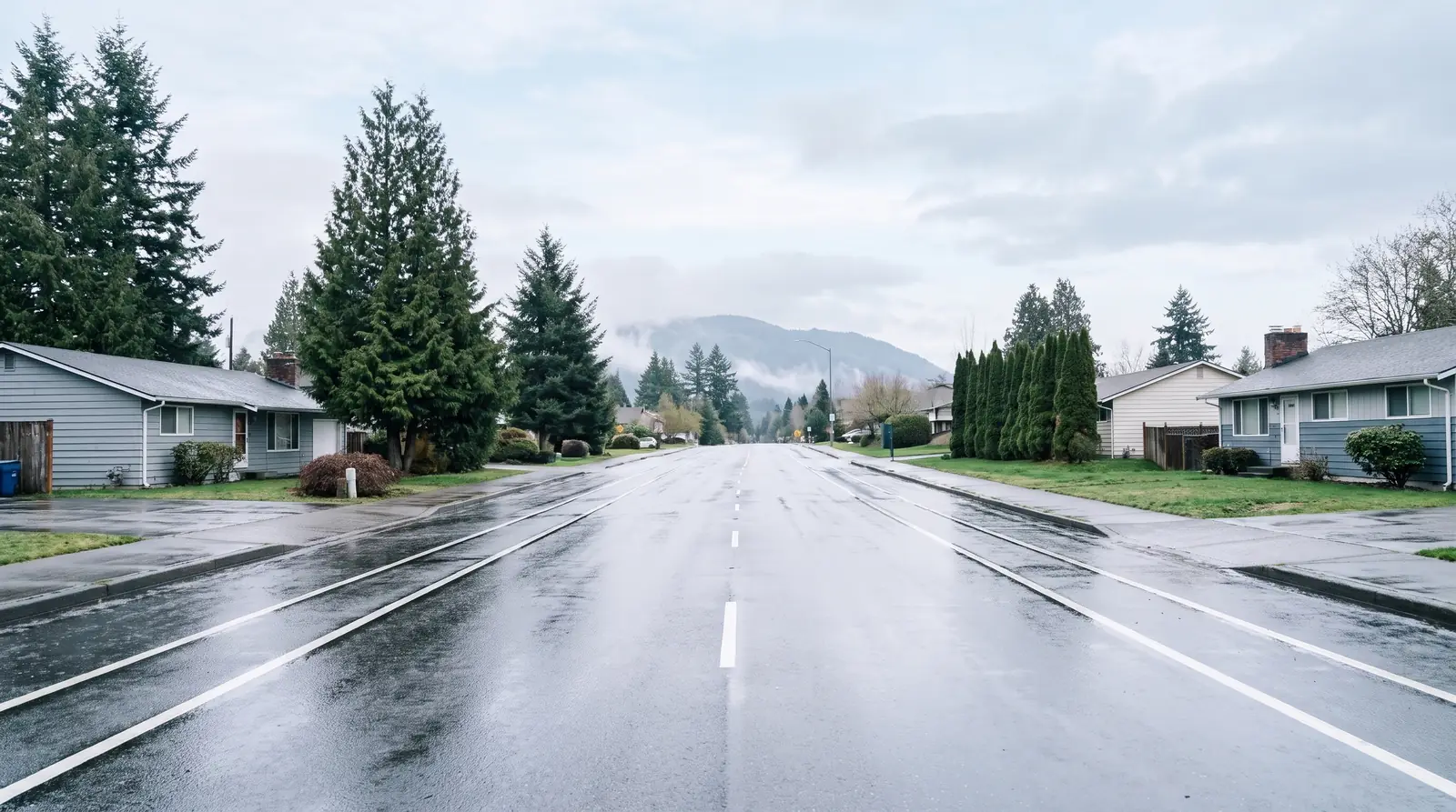 Wet residential street with houses and evergreens under a cloudy sky