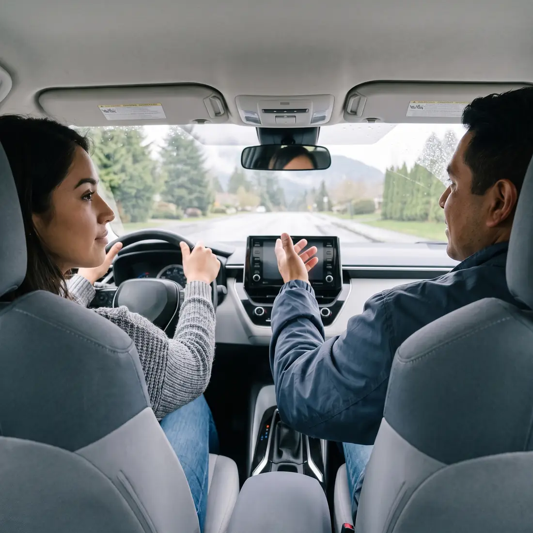 A woman drives while her passenger points to the dashboard