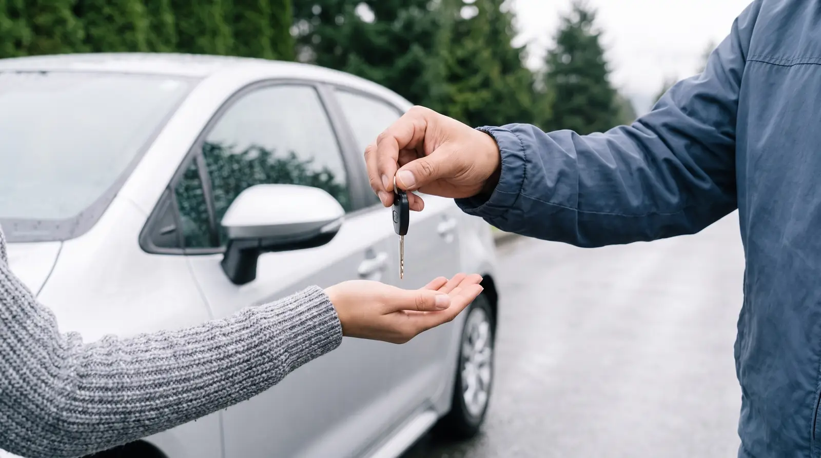 One hand passes car keys to another beside a silver car