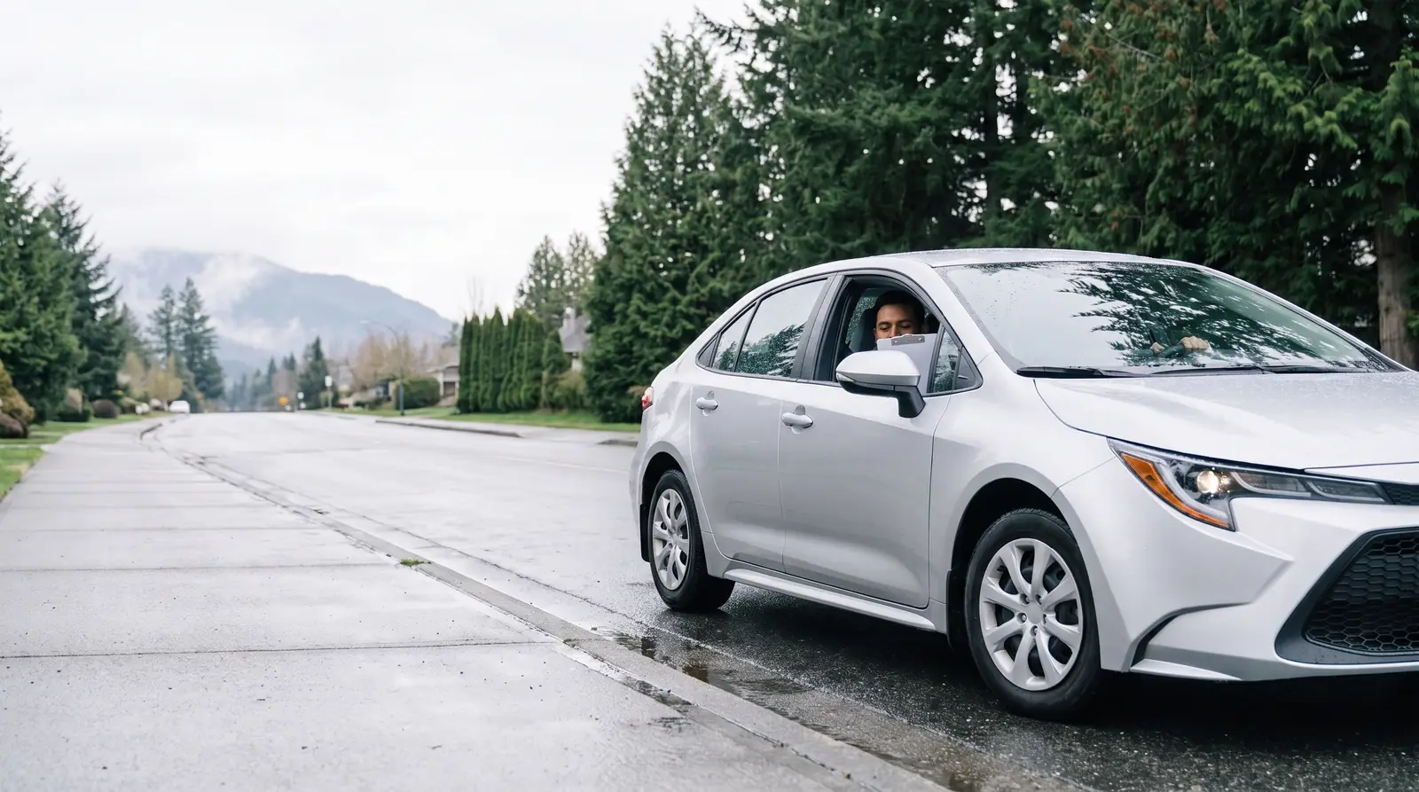Driver in a silver sedan on a wet residential street lined with evergreens