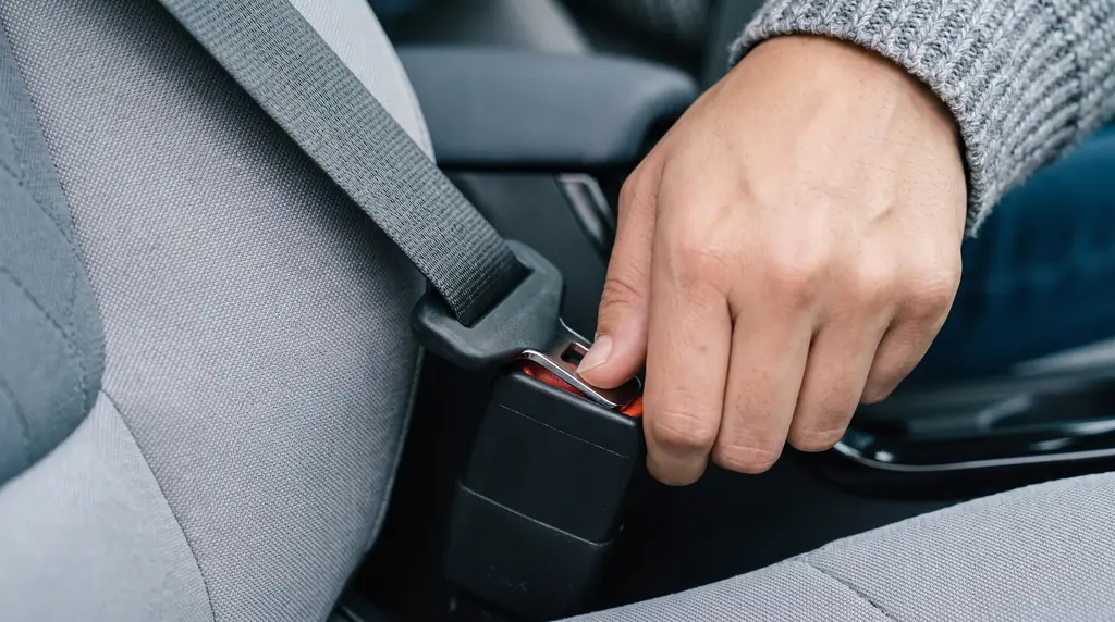 A hand buckling a seat belt in a car seat
