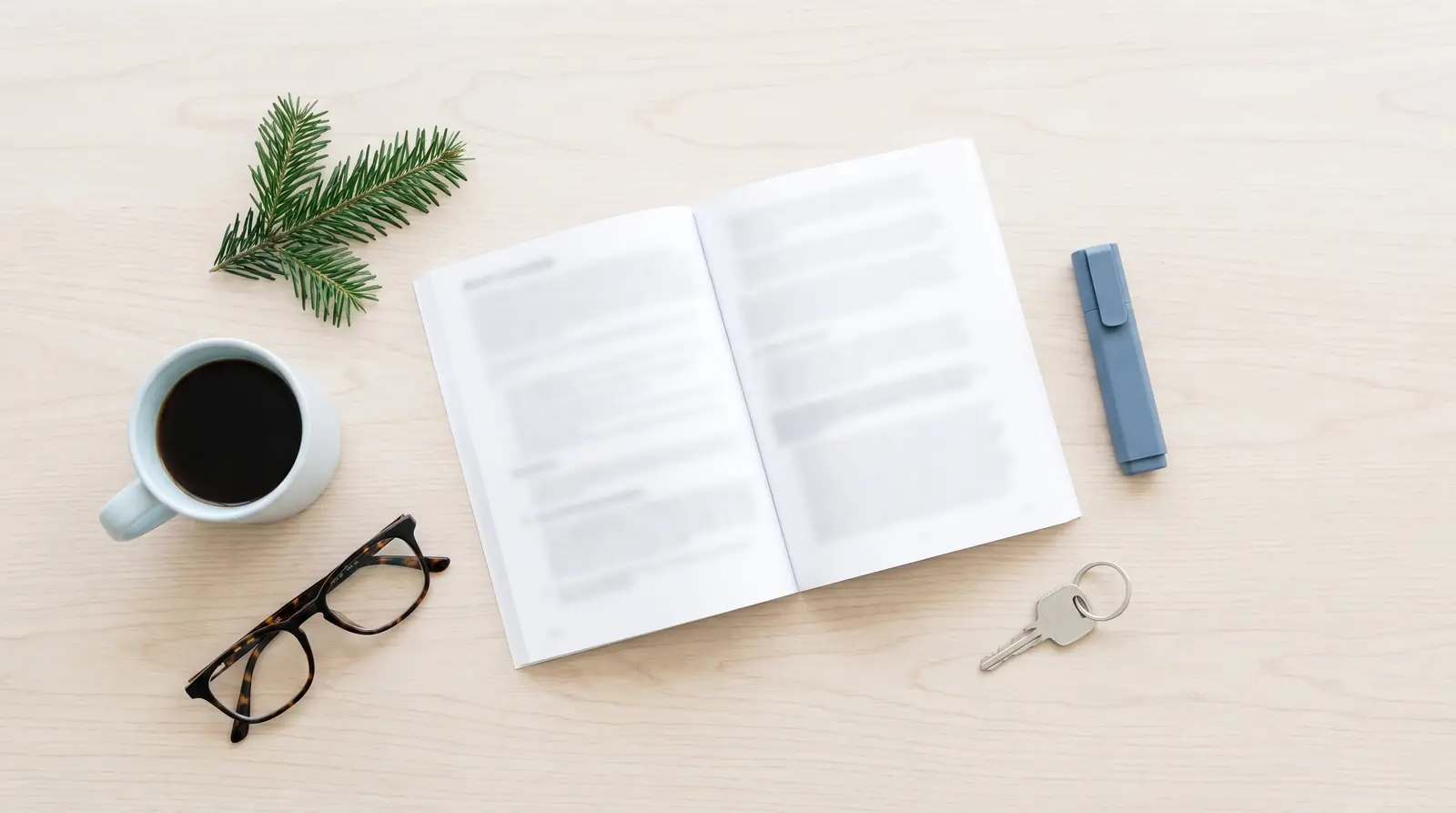 Open booklet, coffee, glasses, a pen and a key on a light wooden table