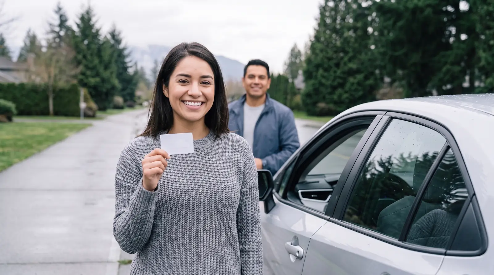 Smiling woman holds up a card beside a silver car as a man smiles behind her
