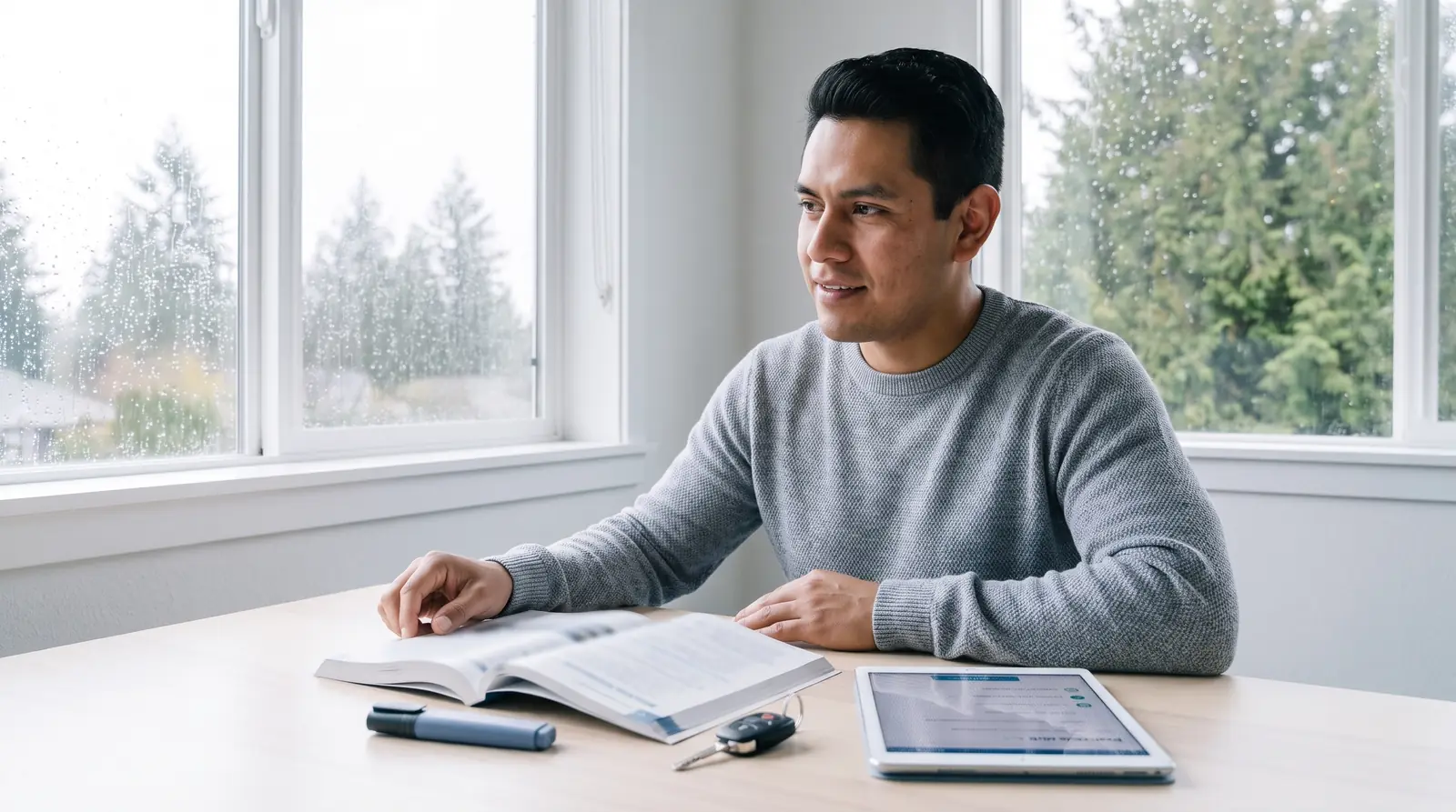 Man studying at a table by the window, with an open book and a tablet